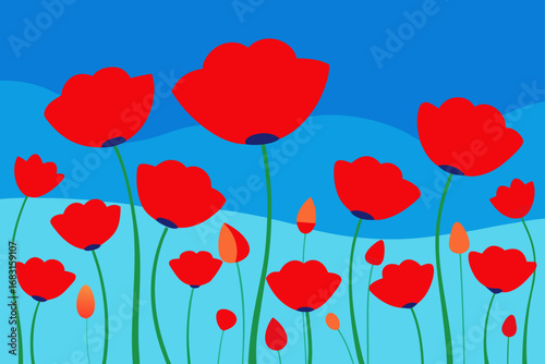 fields of vibrant red poppies against a clear blue