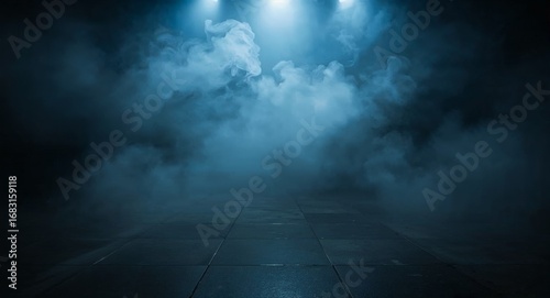 Abstract dark background of an empty, smoky room with a tiled floor, illuminated by dramatic blue spotlights from above