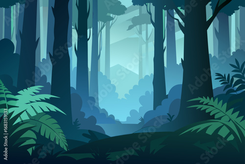 misty  ancient forest with giant ferns and a sense