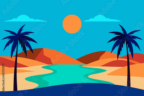 desert oasis with clear blue water  palm trees  an