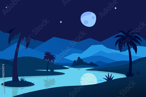 desert oasis at night  with palm trees  a moonlit 