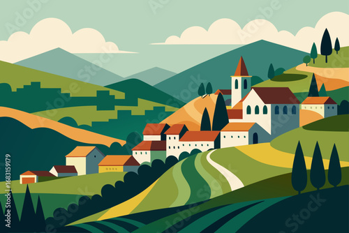 european village nestled in a valley  surrounded b