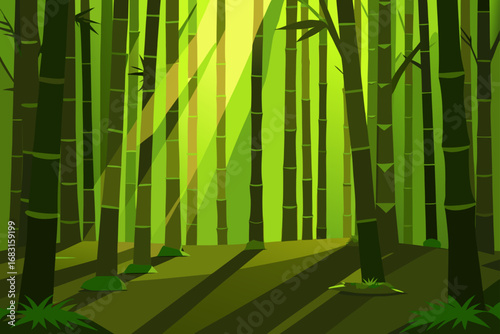dense bamboo forest with shafts of sunlight creati
