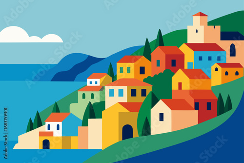 coastal town with colorful houses built into a hil