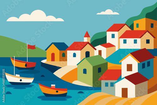 coastal village with colorful fishing boats and ho