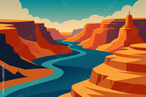 canyonlands with a winding river  towering mesas  