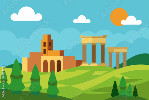 ancient roman ruins surrounded by lush countryside