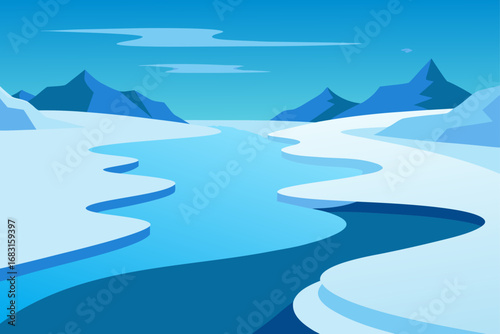 arctic landscape with a frozen river winding throu