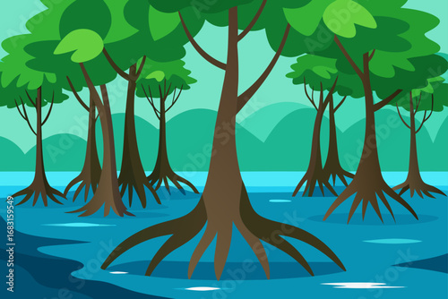 tropical mangrove forest at high tide  with water 