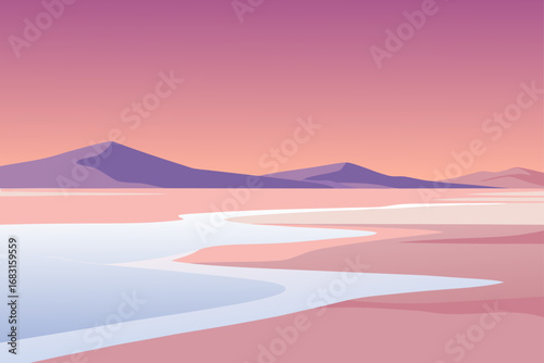 vast salt flats at sunrise  with soft colors refle