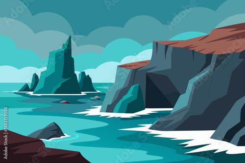 rocky coast with sea caves  dramatic cliffs  and a