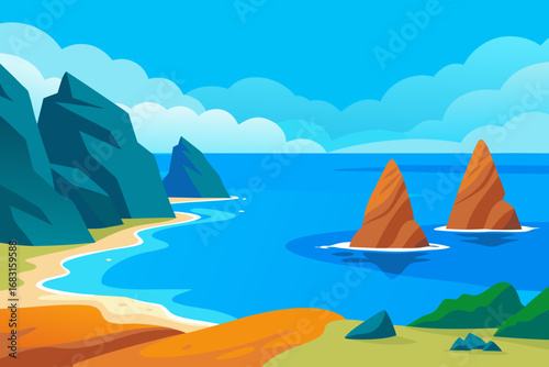 rocky coast with sea stacks  a sandy cove  and a c