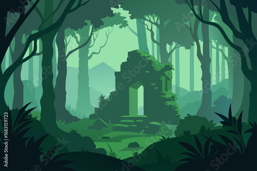 misty forest with a hidden ruin covered in ivy and