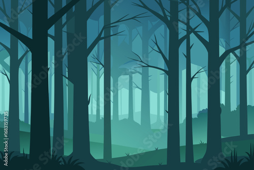 misty forest with tall  slender trees and a sense 