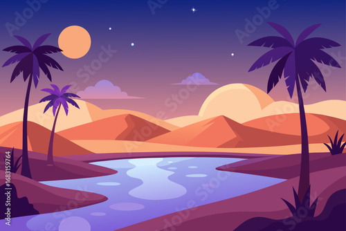 desert oasis at dusk  with soft light  palm trees 