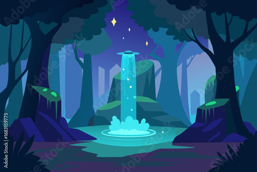 enchanted forest with a magical glowing waterfall 