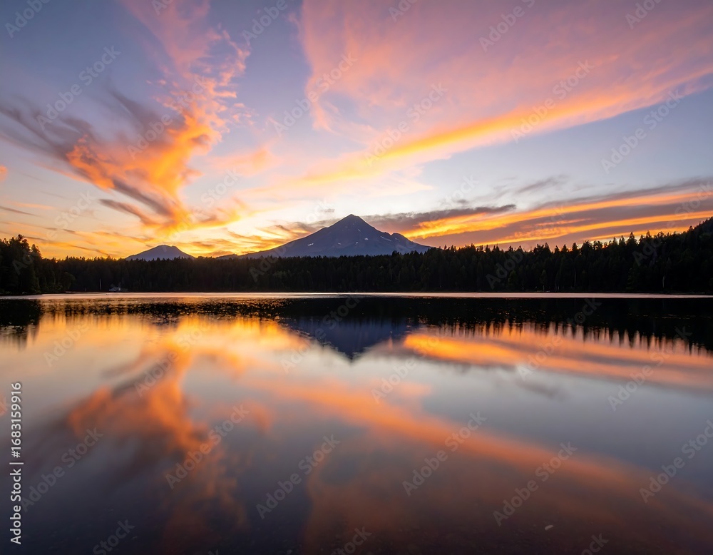 Fototapeta premium Sunrise over a serene lake reflecting mountains