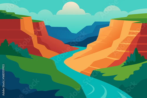 canyonlands with a winding river  lush vegetation 