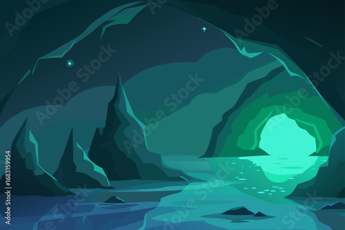 coastal cave with intricate rock formations and gl