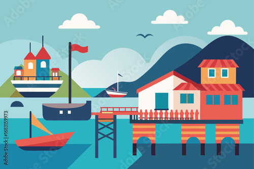 coastal town with a picturesque pier  fishing boat