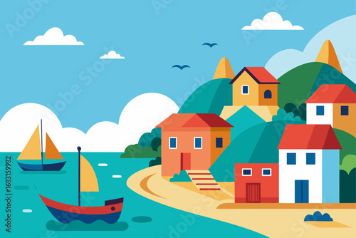 coastal village with a small harbor  fishing boats