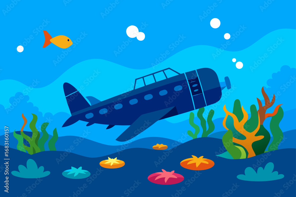 Naklejka premium sunken plane wreck in a clear blue sea with marin