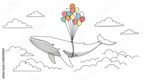 Continuous Line Drawing Giant Whale Tethered to Balloons Drifting Through Clouds Minimalist Vector Illustration
