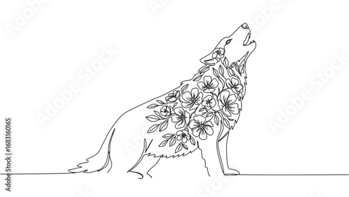 Continuous Line Drawing Wolf Howling with Flowers Blooming Instead of Sound Minimalist Vector Illustration