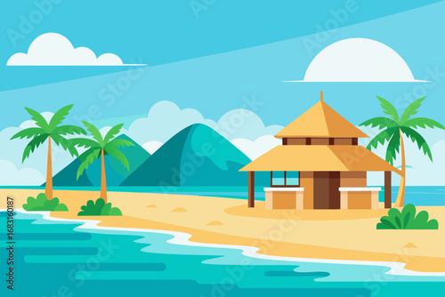 tropical beach with a resort  thatched bungalows  