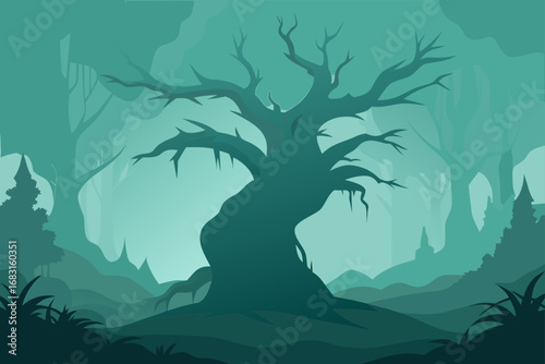 misty forest with an ancient  gnarled tree that se