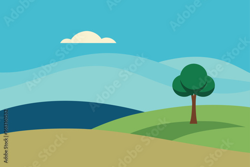 minimalist landscape of rolling hills with a singl