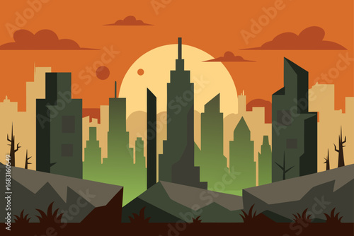 post apocalyptic cityscape with crumbling skyscrap