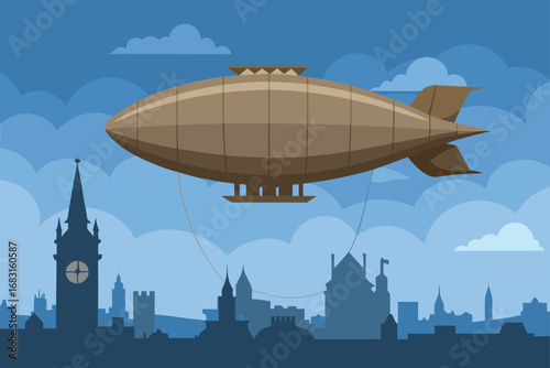 steampunk inspired airship soaring through a cloud