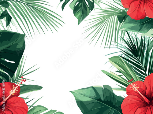 Vibrant tropical floral frame with lush green leaves and red hibiscus flowers