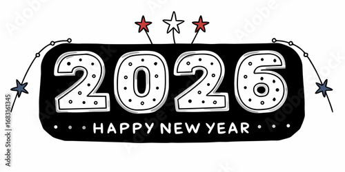 Illustration of 2026 new year greeting with stars and decorative elements on a black background design