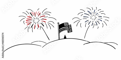 Illustration of a us flag on a hill with two fireworks in the background on a white background