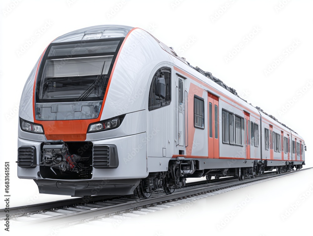 Naklejka premium A modern, light gray and orange train is shown in a full shot on white rails, showcasing its sleek design and intricate details.