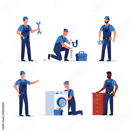 Diverse Set of Professional Repairmen and Skilled Tradesmen Characters Providing Essential Services