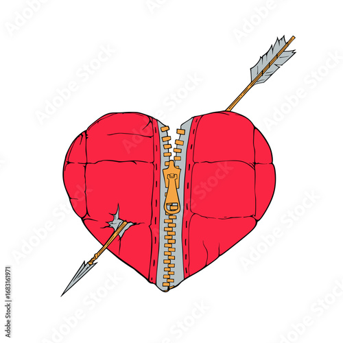 Red heart with a zipper and an arrow piercing it.