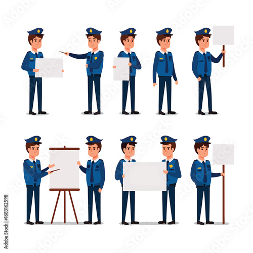 Set of police officers holding signs, illustration in various poses