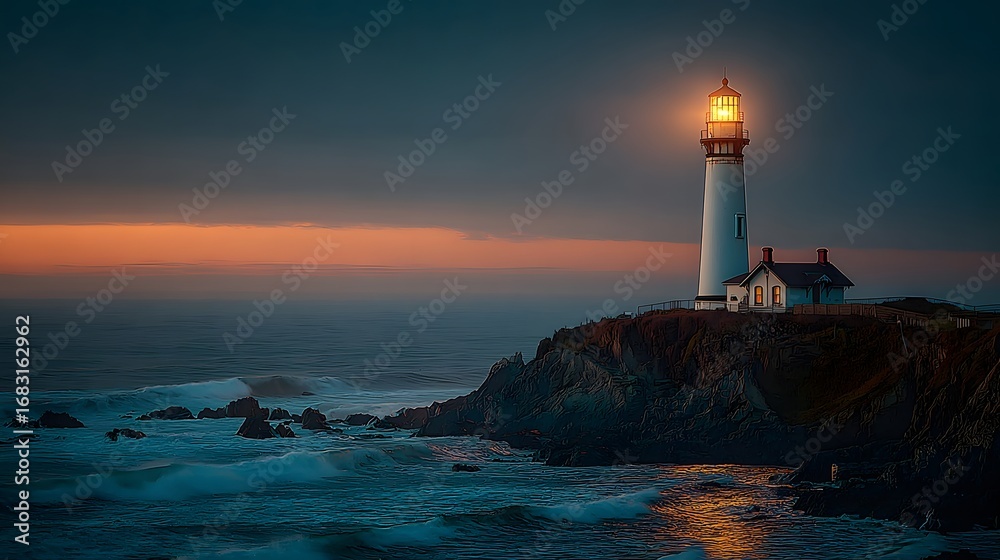 Naklejka premium Pristine white lighthouse stands tall on a rocky cliff, its bright light beam cutting through the twilight as powerful waves crash on the rocks.