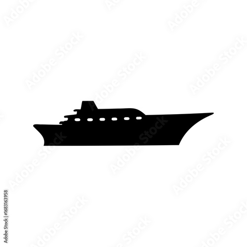 Black silhouette of a large luxury yacht or cruise ship in profile