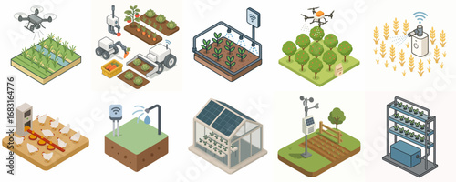 Isometric Digital Smart Agriculture Farm Innovation Technology System Illustration Set