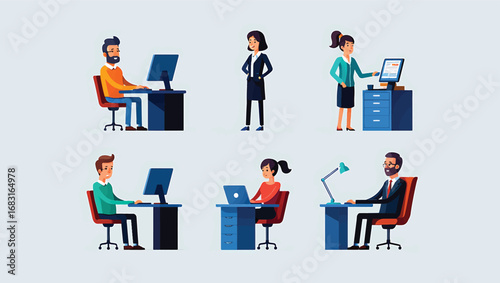 Set of office worker characters, business people using computers at desks vector illustration