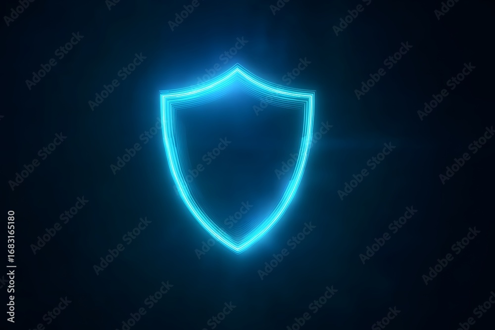 Fototapeta premium A glowing blue shield icon, floating in the dark, symbolizes protection and security against digital threats, in the style of Venom. 