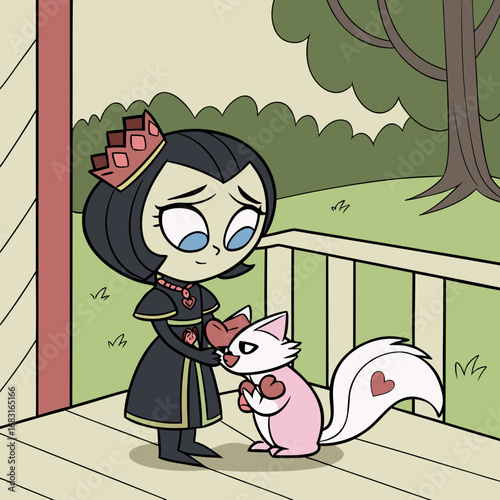 vector art little girl and her cute black cat