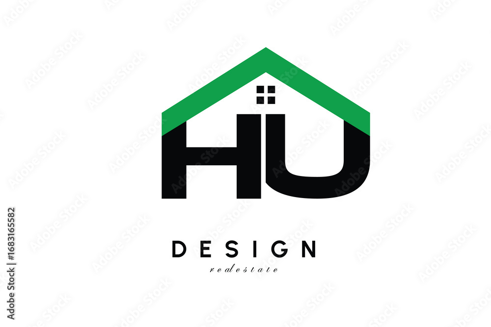 Fototapeta premium HU Letter Logo – Green Roof House Monogram for Real Estate & Home Branding