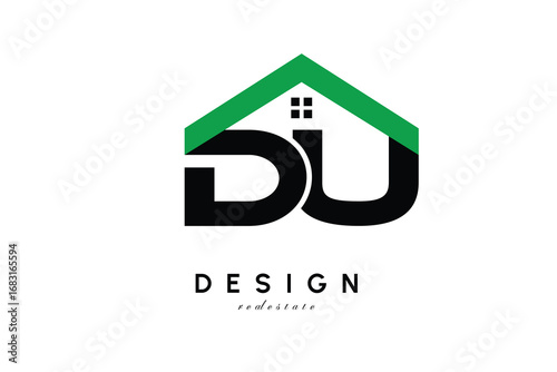DU Letter Logo – Green Roof House Monogram for Real Estate & Home Branding