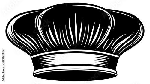 Illustration of a chef's hat with detailed line work and shading in a monochrome black and white design created with generated ai
