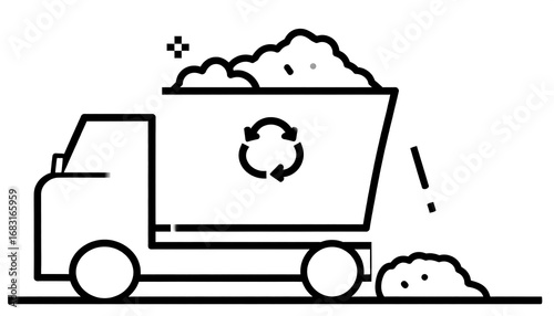A simple black and white illustration of a truck carrying a load of recycling
